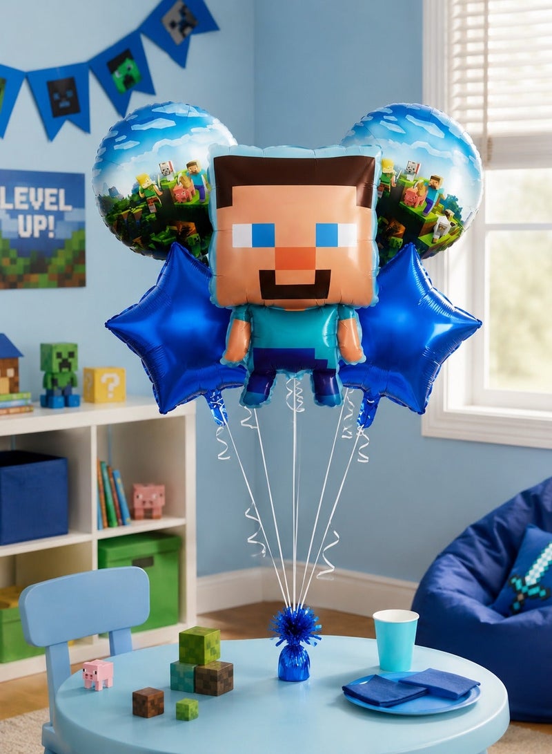Minecraft Birthday Balloon Bouquet Set 5 Pcs – Large Steve Character + 2 Round Minecraft Scene + 2 Royal Blue Star Foil Balloons, Boys Gaming Birthday Party Decoration, Kids Party Supplies UAE - Image 4