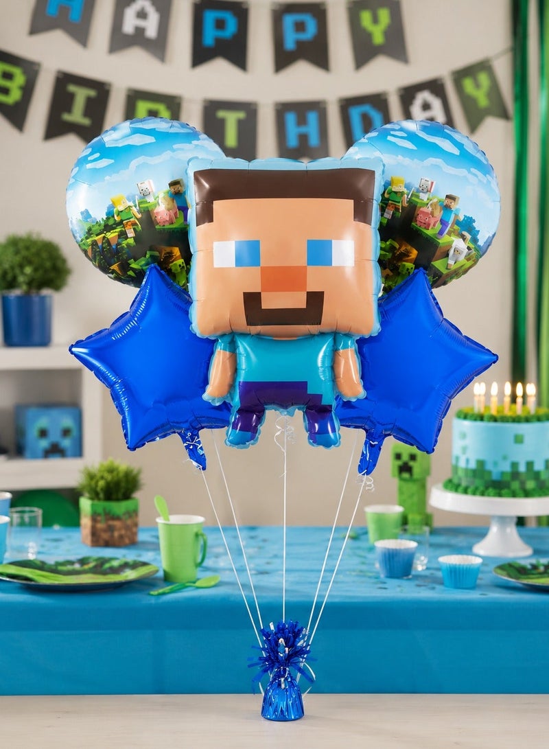 Minecraft Birthday Balloon Bouquet Set 5 Pcs – Large Steve Character + 2 Round Minecraft Scene + 2 Royal Blue Star Foil Balloons, Boys Gaming Birthday Party Decoration, Kids Party Supplies UAE - Image 5