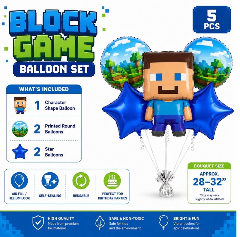 Minecraft Birthday Balloon Bouquet Set 5 Pcs – Large Steve Character + 2 Round Minecraft Scene + 2 Royal Blue Star Foil Balloons, Boys Gaming Birthday Party Decoration, Kids Party Supplies UAE - Image 3