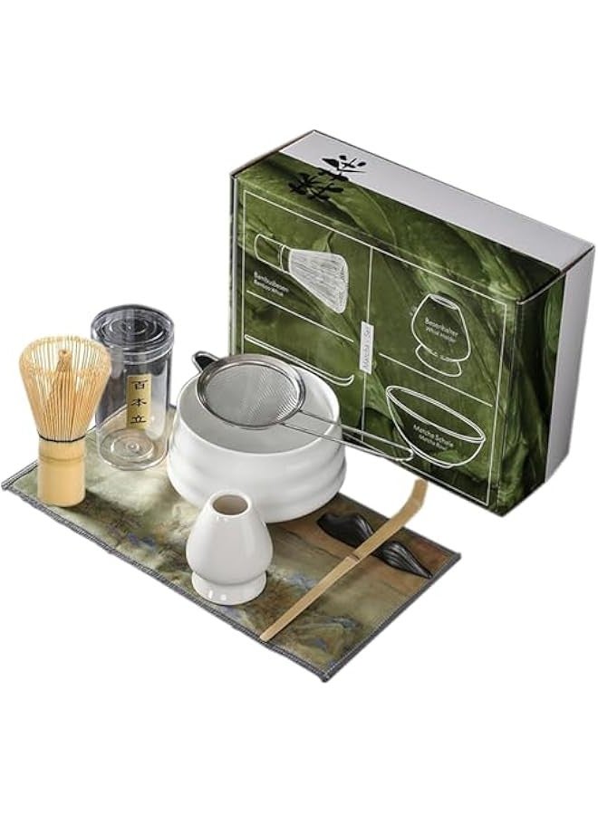 بيوينتي طقم شاي ماتشا الياباني من جود مكون من 7 قطع، طقم خفاقة ماتشا تقليدي مع وعاء ماتشا ومغرفة من الخيزران وحامل خفاقة من الستانلس ستيل، طقم مثالي لحفلات شاي ماتشا الاصلية (ابيض) - Image 1