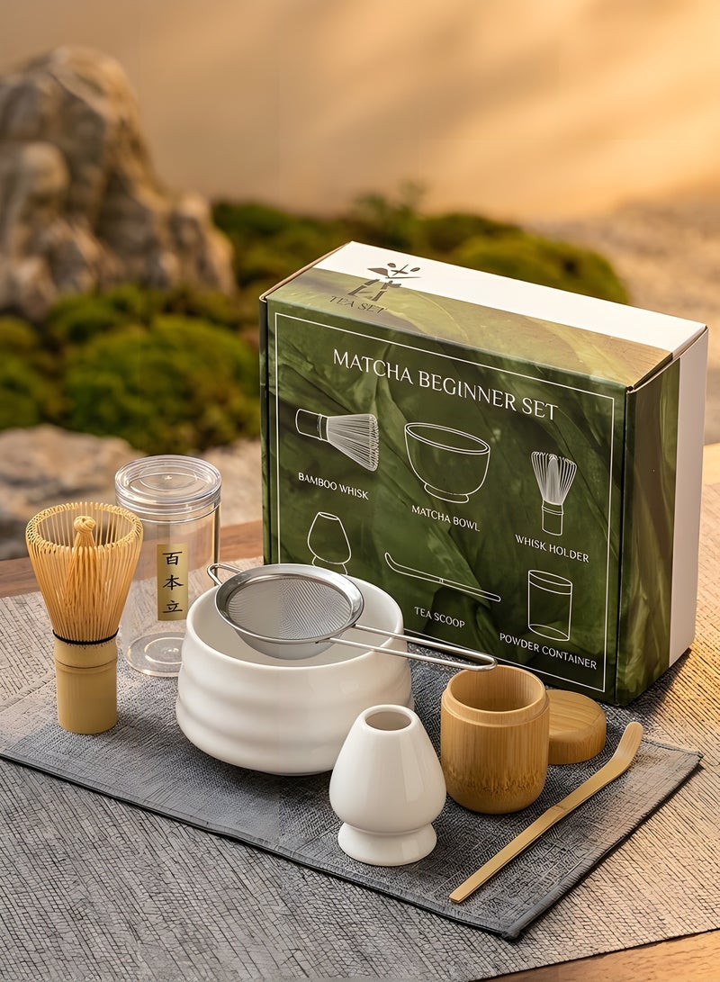 Beauenty Japanese Matcha Tea Set 7-Piece Traditional Matcha Whisk Set with Matcha Bowl Bamboo Whisk Scoop Whisk Holder Stainless Steel Sifter Perfect Kit for Authentic Matcha Tea Ceremony (White) - Image 1