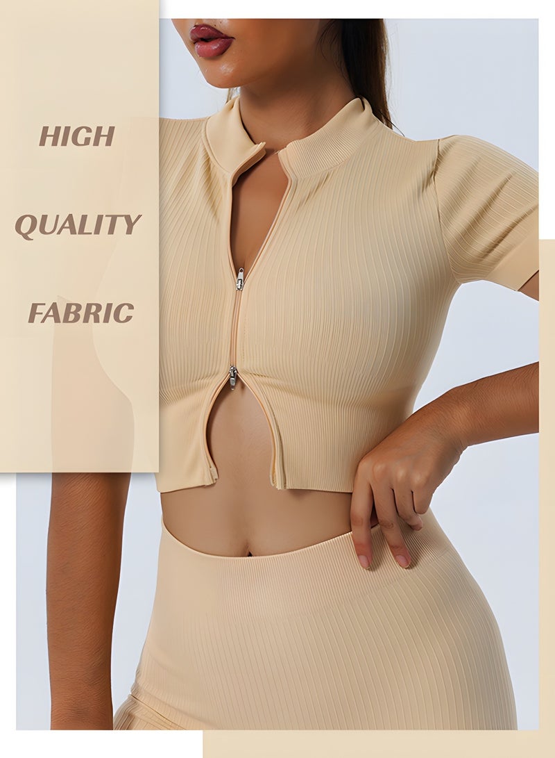 GROIC 2 Piece Yoga Sets for Women Zip Up Crop Tops Ribbed High Waist Pants Exercise Workout Outfits Yoga Gym Activewear Set(L) - Image 5
