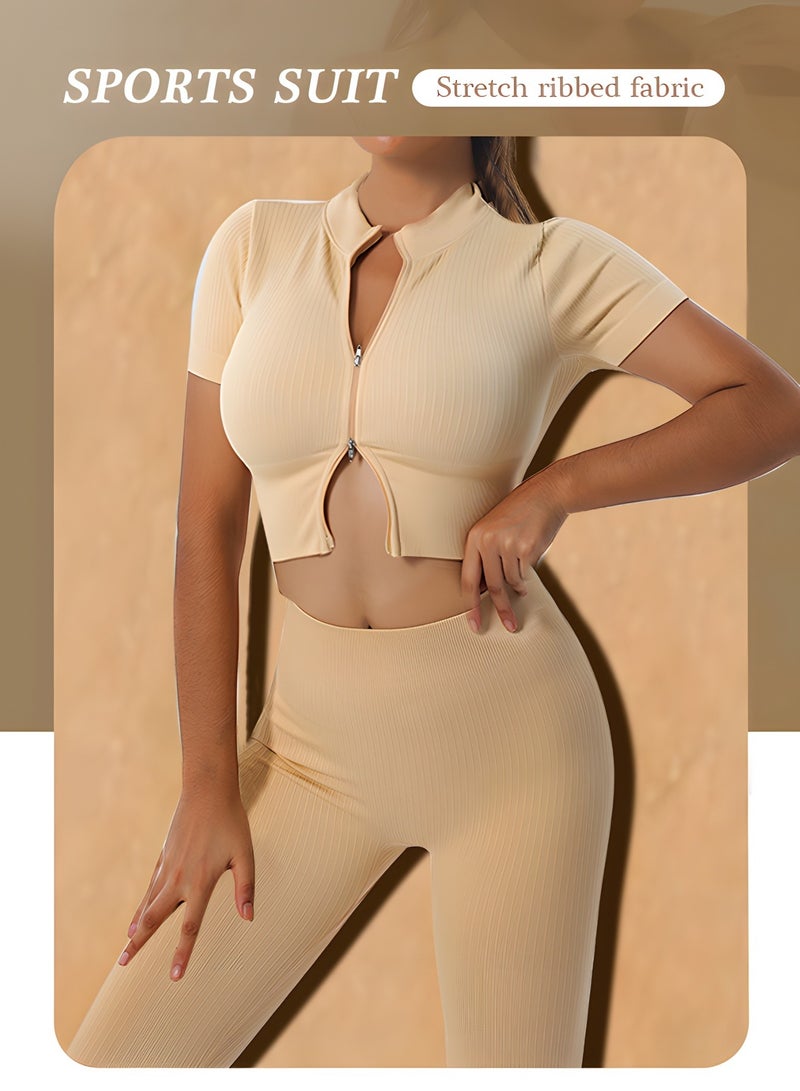 GROIC 2 Piece Yoga Sets for Women Zip Up Crop Tops Ribbed High Waist Pants Exercise Workout Outfits Yoga Gym Activewear Set(L) - Image 2