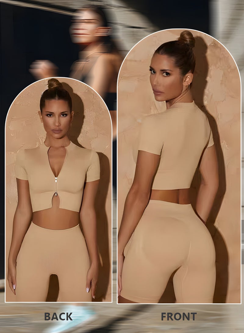 GROIC 2 Piece Yoga Sets for Women Zip Up Crop Tops Ribbed High Waist Pants Exercise Workout Outfits Yoga Gym Activewear Set(L) - Image 3