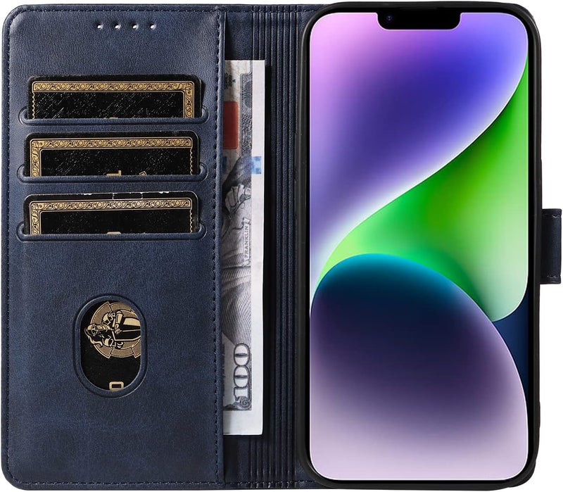 ريكنك حافظة لهاتف iPhone 13/14 مع 3 فتحات للبطاقات من جلد PU ومحفظة مغناطيسية قابلة للطي وغطاء مجلد، حامل بطاقات وحامل قابل للطي وحافظة واقية من الصدمات من TPU، أزرق داكن - Image 5