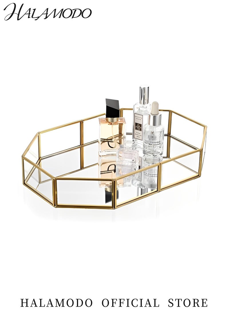 HALAMODO Mirror Glass Vanity Tray Gold Ornate Makeup Tray Decorative Metal Tray Octagonal Perfume & Jewelry & Trinket Organizer for Bathroom Storage & Home Decor  - Image 2