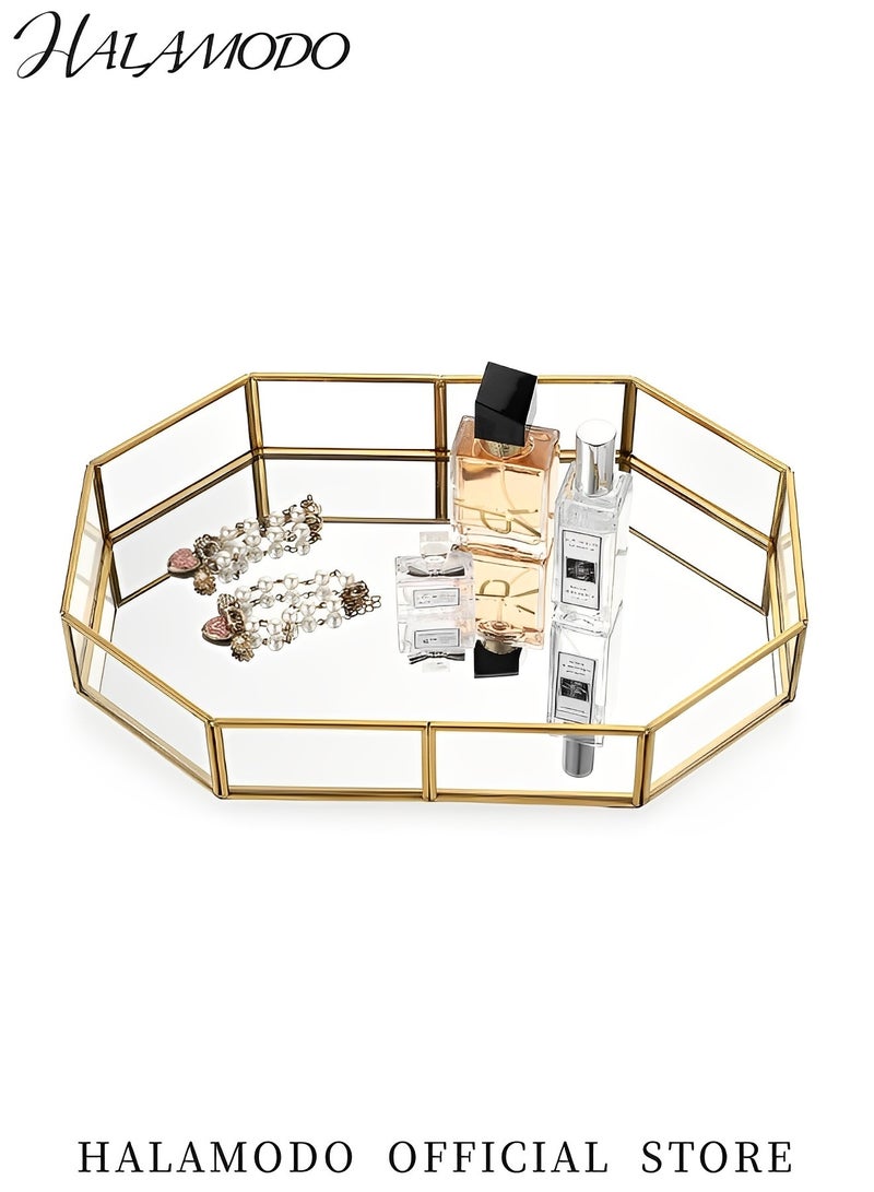 HALAMODO Mirror Glass Vanity Tray Gold Ornate Makeup Tray Decorative Metal Tray Octagonal Perfume & Jewelry & Trinket Organizer for Bathroom Storage & Home Decor  - Image 3