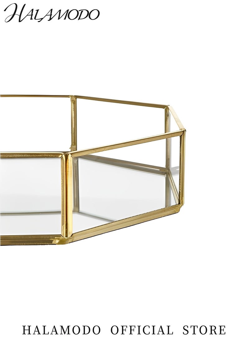 HALAMODO Mirror Glass Vanity Tray Gold Ornate Makeup Tray Decorative Metal Tray Octagonal Perfume & Jewelry & Trinket Organizer for Bathroom Storage & Home Decor  - Image 5
