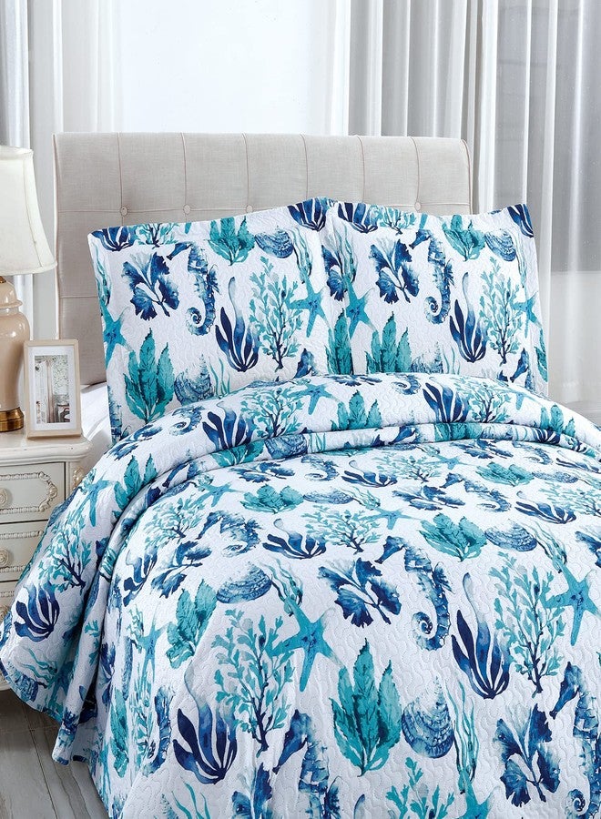 Jarson Summer Coastal Quilts Conch Seashell Coverlet Set Full/Queen Size, 3Pcs Lightweight Beach Bedspreads Reversible Ocean Bedding with 2 Pillow Shams, Teal - Image 2