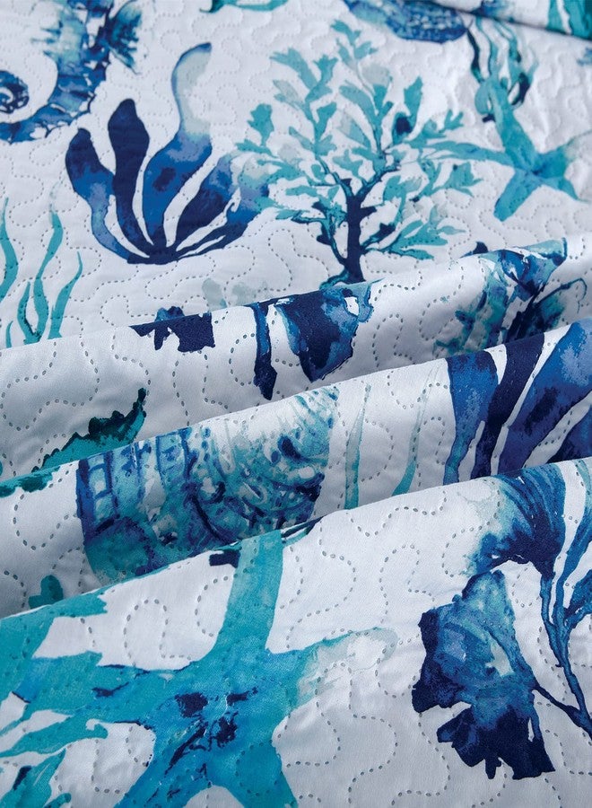 Jarson Summer Coastal Quilts Conch Seashell Coverlet Set Full/Queen Size, 3Pcs Lightweight Beach Bedspreads Reversible Ocean Bedding with 2 Pillow Shams, Teal - Image 3