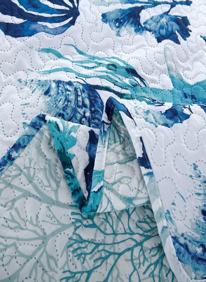 Jarson Summer Coastal Quilts Conch Seashell Coverlet Set Full/Queen Size, 3Pcs Lightweight Beach Bedspreads Reversible Ocean Bedding with 2 Pillow Shams, Teal - Image 5