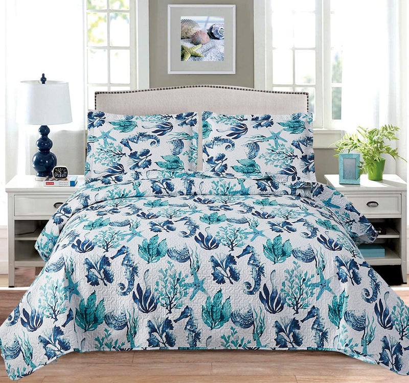 Jarson Summer Coastal Quilts Conch Seashell Coverlet Set Full/Queen Size, 3Pcs Lightweight Beach Bedspreads Reversible Ocean Bedding with 2 Pillow Shams, Teal - Image 1