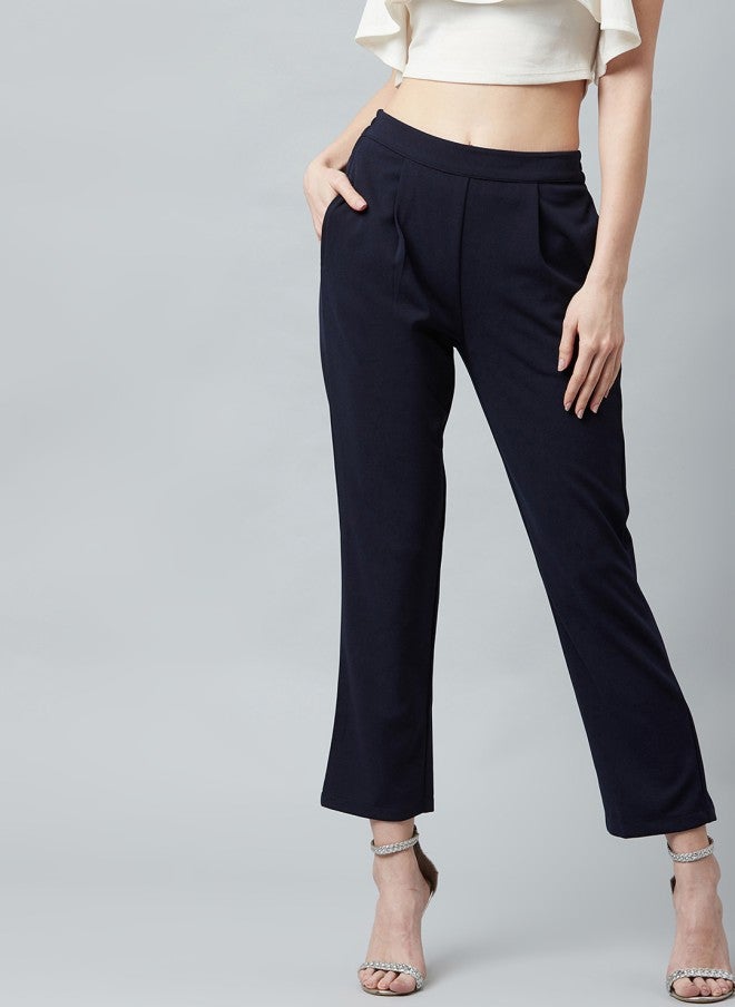 Athena Navy Blue Slim Fit Cigarette Trousers for Women - Image 1