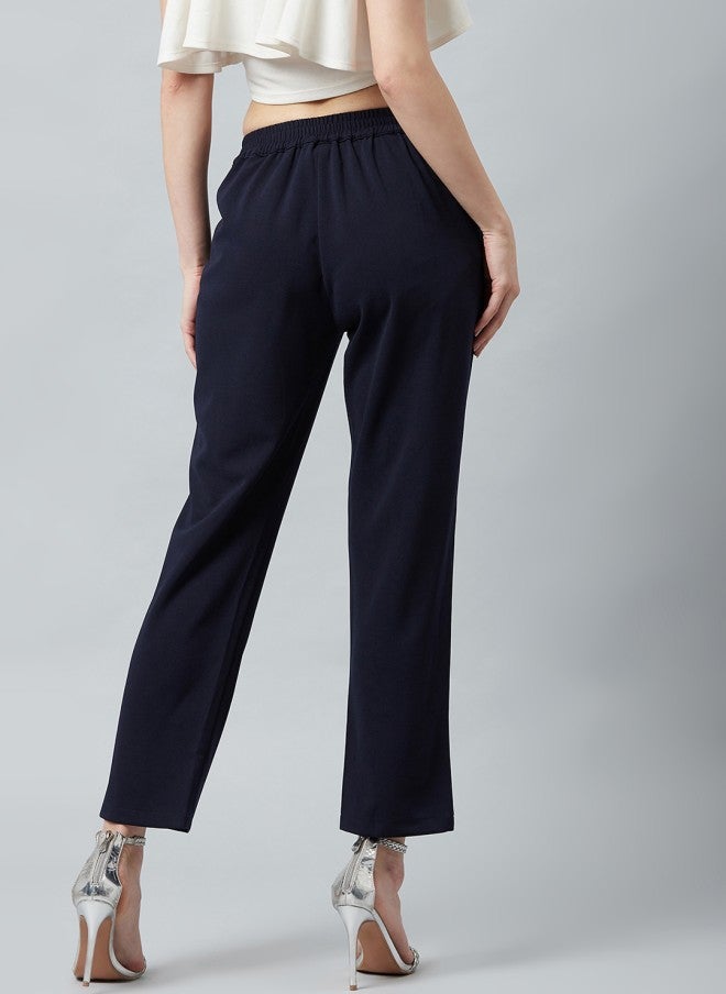 Athena Navy Blue Slim Fit Cigarette Trousers for Women - Image 4