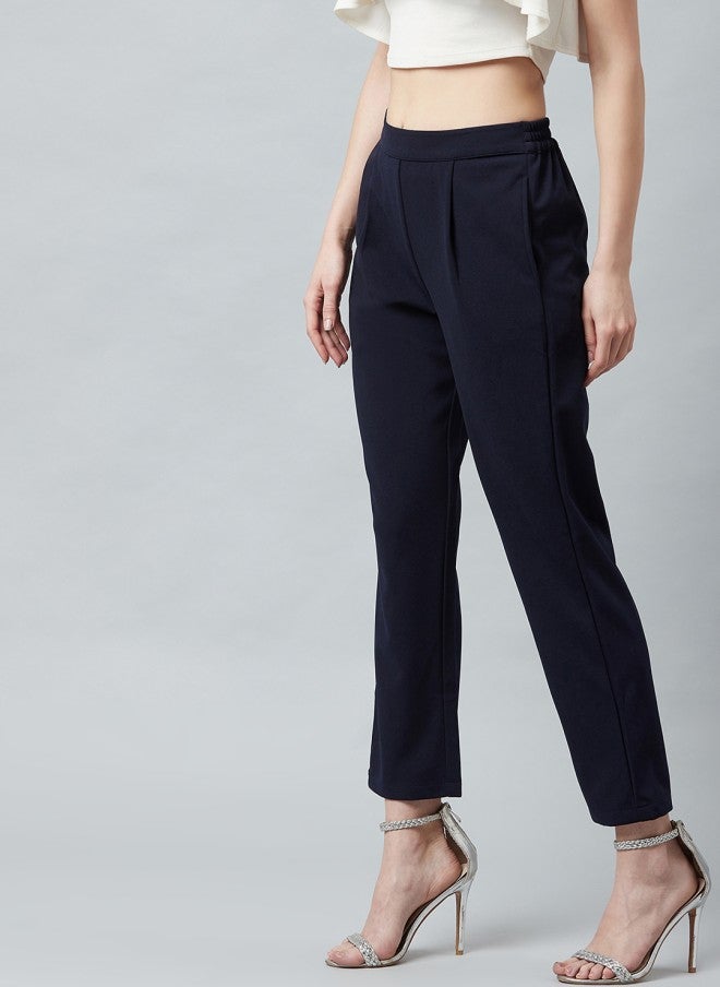 Athena Navy Blue Slim Fit Cigarette Trousers for Women - Image 3