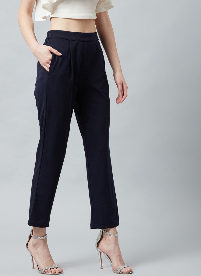 Athena Navy Blue Slim Fit Cigarette Trousers for Women - Image 2