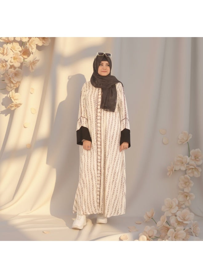 عباية نسائية مفتوحة من الأمام بطبعة سلسلة كريمية مع أكمام سوداء، عباية خفيفة الوزن فاخرة مطبوعة بأزرار كاملة الطول، طباعة أنيقة في جميع أنحاء العباءة مصنوعة من قماش ناعم، ملابس إسلامية محتشمة للنساء - Image 1