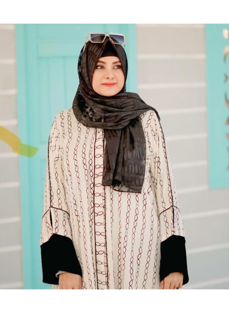 عباية نسائية مفتوحة من الأمام بطبعة سلسلة كريمية مع أكمام سوداء، عباية خفيفة الوزن فاخرة مطبوعة بأزرار كاملة الطول، طباعة أنيقة في جميع أنحاء العباءة مصنوعة من قماش ناعم، ملابس إسلامية محتشمة للنساء - Image 3