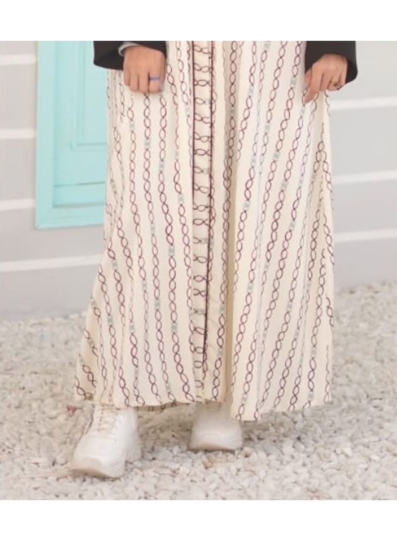 عباية نسائية مفتوحة من الأمام بطبعة سلسلة كريمية مع أكمام سوداء، عباية خفيفة الوزن فاخرة مطبوعة بأزرار كاملة الطول، طباعة أنيقة في جميع أنحاء العباءة مصنوعة من قماش ناعم، ملابس إسلامية محتشمة للنساء - Image 5