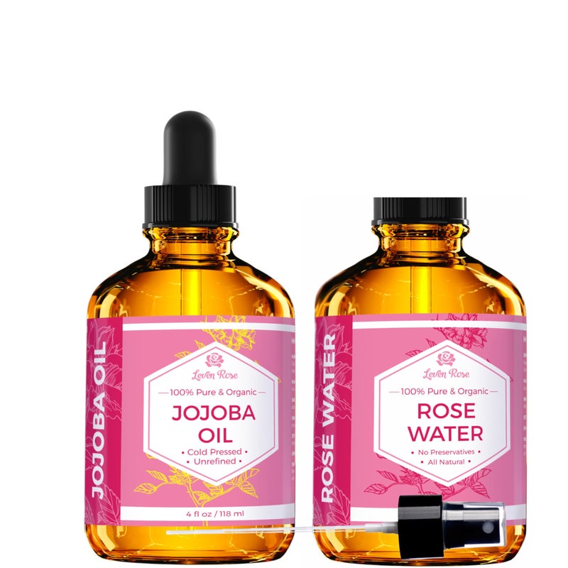 Leven Rose Jojoba Oil + Rose Water for Face Facial Toner Bundle by Leven Rose - Jojoba Moisturizer for Skin Hair Body and Nails 4 oz & Pure Moroccan Rosewater 4 oz - Image 1