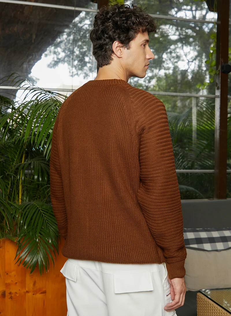 CAHOOT  Men's Chocolate Brown Self-Raglan Knit Pullover Sweater for Men | Best Price UAE