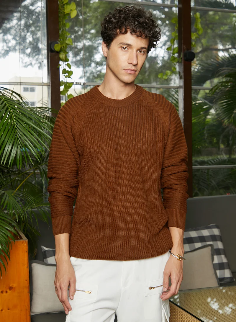 Campus Sutra Men's Chocolate Brown Self-Raglan Knit Pullover Sweater
