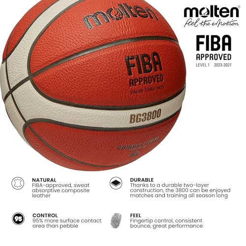 Molten BG3800 Basketball, Indoor, FIBA Approved, Composite Leather, Size 7, Suitable for Boys Age 14 & Adult, Orange/Ivory - Image 2