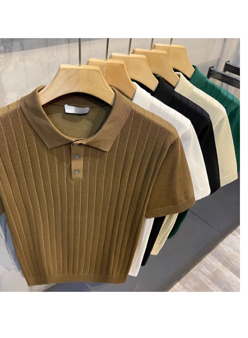 Men's Loose Casual Knitted Short Sleeved T-Shirt Polo  - Image 2