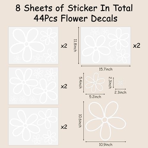 A1diee 8Pcs White Daisy Wall Sticker in Total 44 Pieces Vinyl Cute Flower Art Aesthetic Transparent Vinyl Peel And Stick Wall Decor for Christmas Window College Dorm Bedroom Living Room Decoration - Image 3