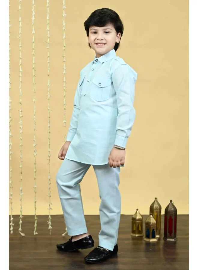 BT DEZINES Sky Blue Cotton Blend Kurta and Salwar Set for Boys