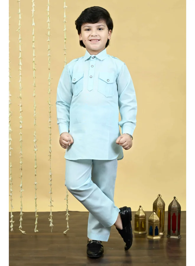 BT DEZINES Sky Blue Cotton Blend Kurta and Salwar Set for Boys