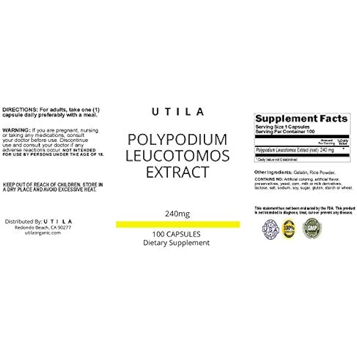 UTILA Polypodium Leucotomos Extract Supplement, 240mg, for Healthy Skin Care - Gluten Free (100) - Image 3