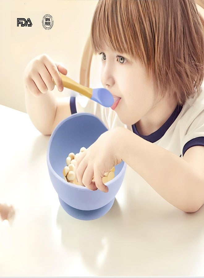 yomith Silicone Baby Food Bowl with Wooden Handle Spoon, Flexible Food-Grade Silicone, Big Super Suction Base, Non-Slip, Kids Training Feeding Tableware Eating Bowl (Blue) - Image 2