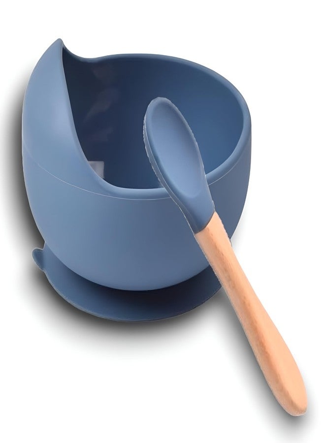yomith Silicone Baby Food Bowl with Wooden Handle Spoon, Flexible Food-Grade Silicone, Big Super Suction Base, Non-Slip, Kids Training Feeding Tableware Eating Bowl (Blue) - Image 1