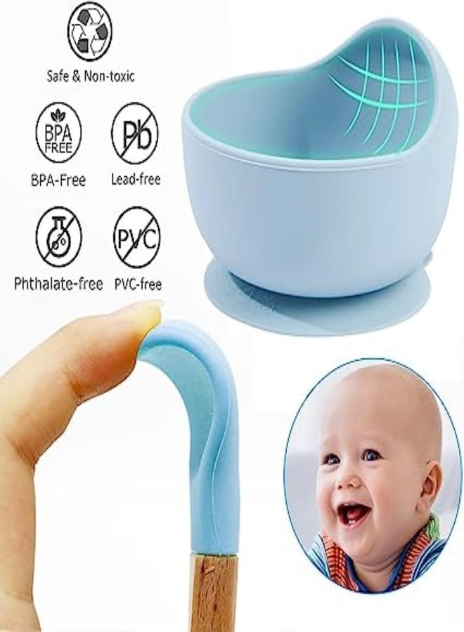 yomith Silicone Baby Food Bowl with Wooden Handle Spoon, Flexible Food-Grade Silicone, Big Super Suction Base, Non-Slip, Kids Training Feeding Tableware Eating Bowl (Blue) - Image 4
