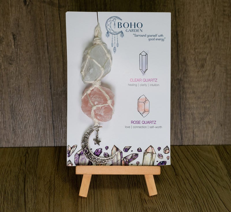 BOHO GARDEN Hanging Car Charm â€“ Clear Quartz & Rose Quartz - Dangling Moon, Healing Crystal Accessories, Rearview Mirror Decorations â€“Healing, Clarity, Intuition, Love, Connection, Self-Worth, Energy - Image 4