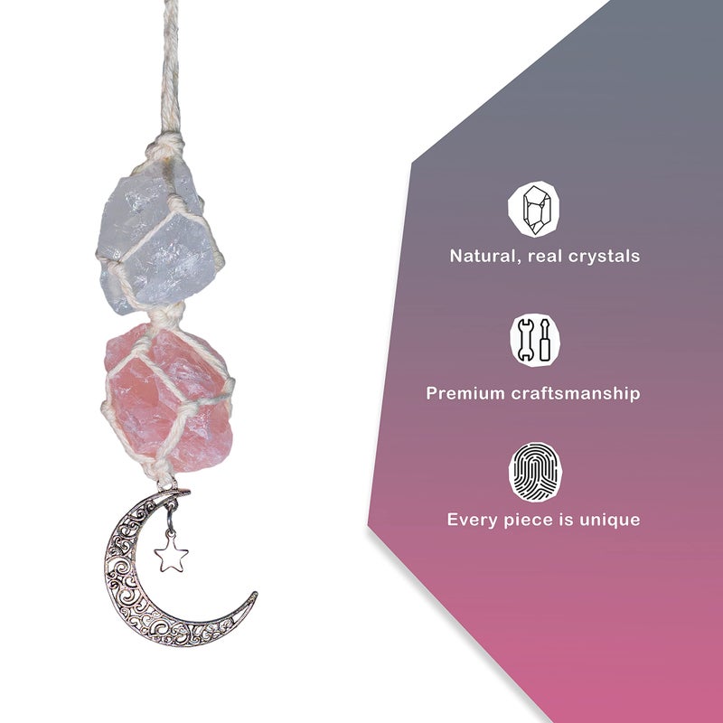 BOHO GARDEN Hanging Car Charm â€“ Clear Quartz & Rose Quartz - Dangling Moon, Healing Crystal Accessories, Rearview Mirror Decorations â€“Healing, Clarity, Intuition, Love, Connection, Self-Worth, Energy - Image 3