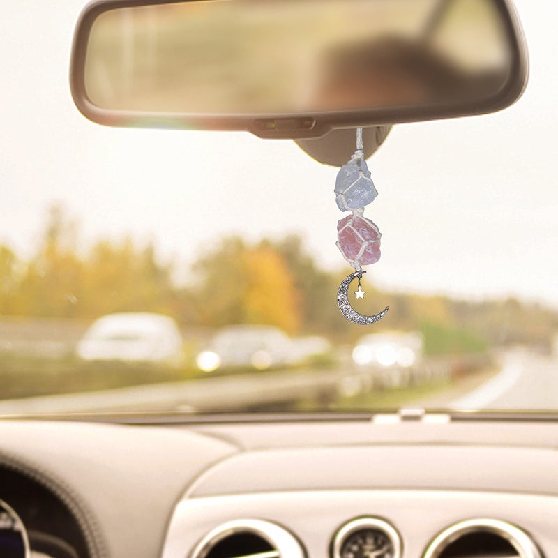 BOHO GARDEN Hanging Car Charm â€“ Clear Quartz & Rose Quartz - Dangling Moon, Healing Crystal Accessories, Rearview Mirror Decorations â€“Healing, Clarity, Intuition, Love, Connection, Self-Worth, Energy - Image 2