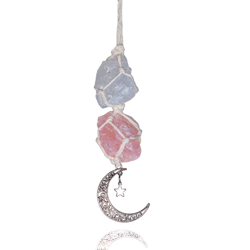 BOHO GARDEN Hanging Car Charm â€“ Clear Quartz & Rose Quartz - Dangling Moon, Healing Crystal Accessories, Rearview Mirror Decorations â€“Healing, Clarity, Intuition, Love, Connection, Self-Worth, Energy - Image 1