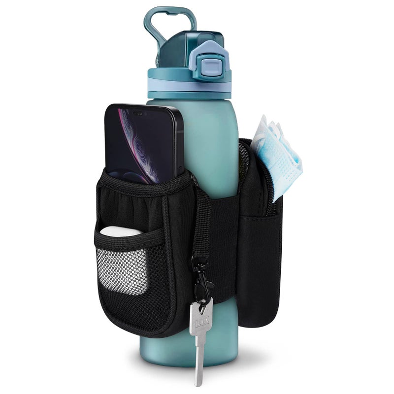SITHON SITHON Gym Water Bottle Pouch Caddy, Non-Slip Water Bottle Sleeve Bag for Gym with Double Side Pockets Holder for Phone Key, Secure Zipper Storage Pocket for AirPods Cards and Small Items, Black  - Image 2