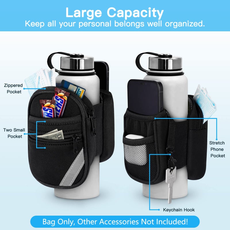 SITHON SITHON Gym Water Bottle Pouch Caddy, Non-Slip Water Bottle Sleeve Bag for Gym with Double Side Pockets Holder for Phone Key, Secure Zipper Storage Pocket for AirPods Cards and Small Items, Black  - Image 5
