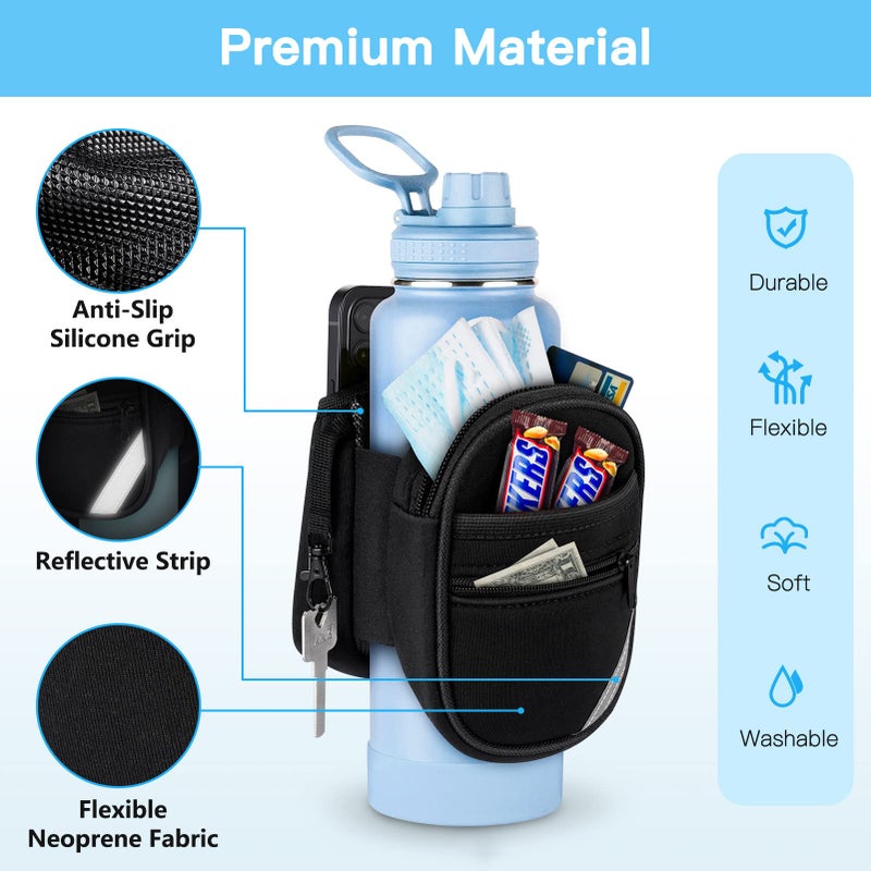 SITHON SITHON Gym Water Bottle Pouch Caddy, Non-Slip Water Bottle Sleeve Bag for Gym with Double Side Pockets Holder for Phone Key, Secure Zipper Storage Pocket for AirPods Cards and Small Items, Black  - Image 3