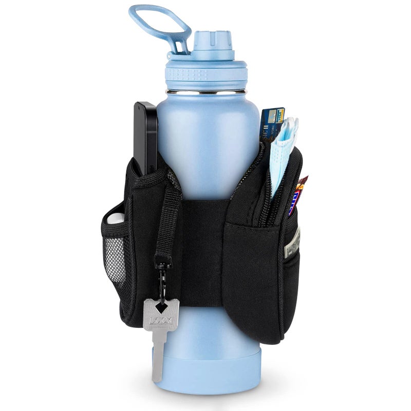 SITHON SITHON Gym Water Bottle Pouch Caddy, Non-Slip Water Bottle Sleeve Bag for Gym with Double Side Pockets Holder for Phone Key, Secure Zipper Storage Pocket for AirPods Cards and Small Items, Black  - Image 1