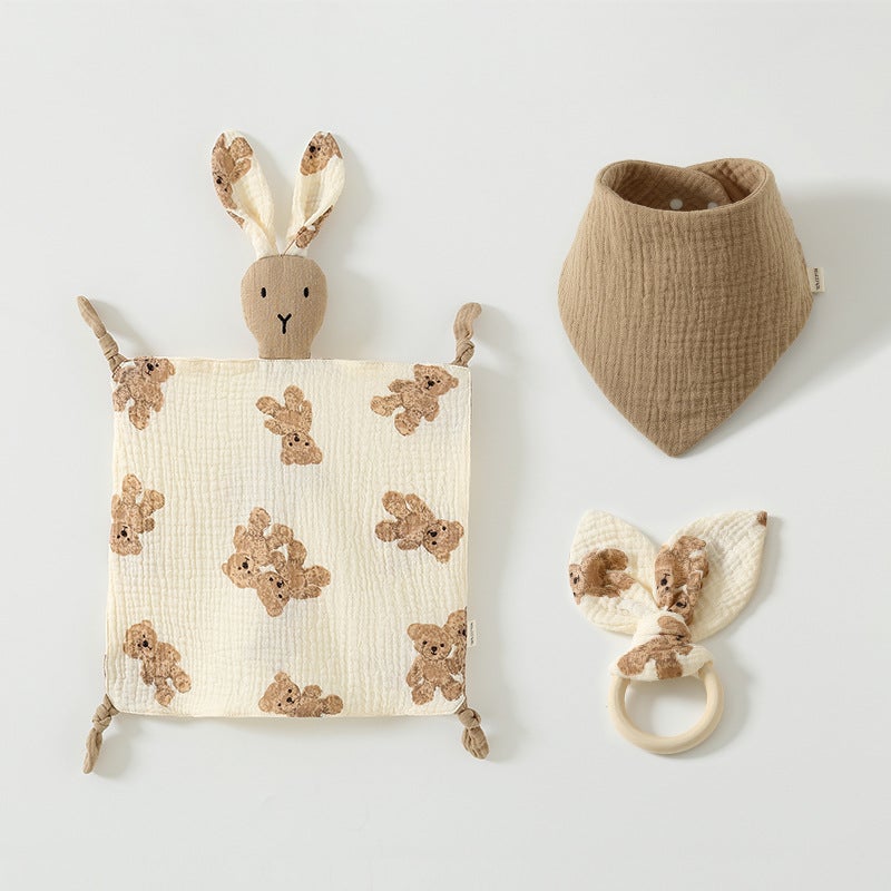Pure Cotton Gauze Baby Sleeping Doll Three-Piece Set Of 4-Layer Rabbit Ambulance Towel 6-Layer Triangle Wooden Ring - Image 1