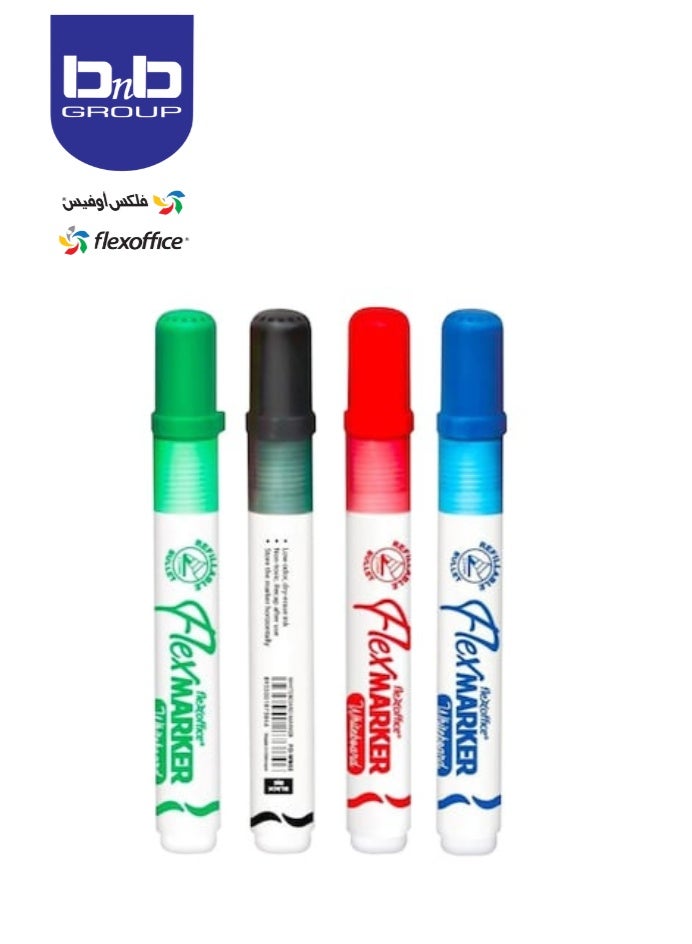 FLEXOFFICE WHITEBOARD Marker: Assortment, 4 pieces/box made of polypropylene, 2.5 mm beveled tip made of polyester for fine writing. - Image 1