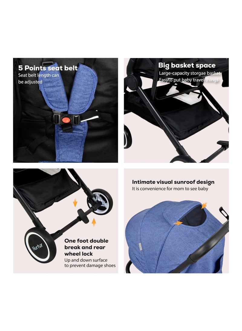 Nurtur Baby Stroller 0 To 36 Months Storage Basket One -Hand Fold Design 5 Point Safety Harness Eva Wheels Black Blue  - Image 4