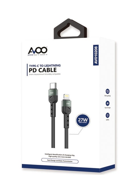 Cable from USB Type C to Lightning for fast charging with PD technology at 27 watts, 1 meter long, made of silicone, for iPhone 14/14 Plus, 13, 12, Pro, Max, Mini, SE, iPads, and more, black.