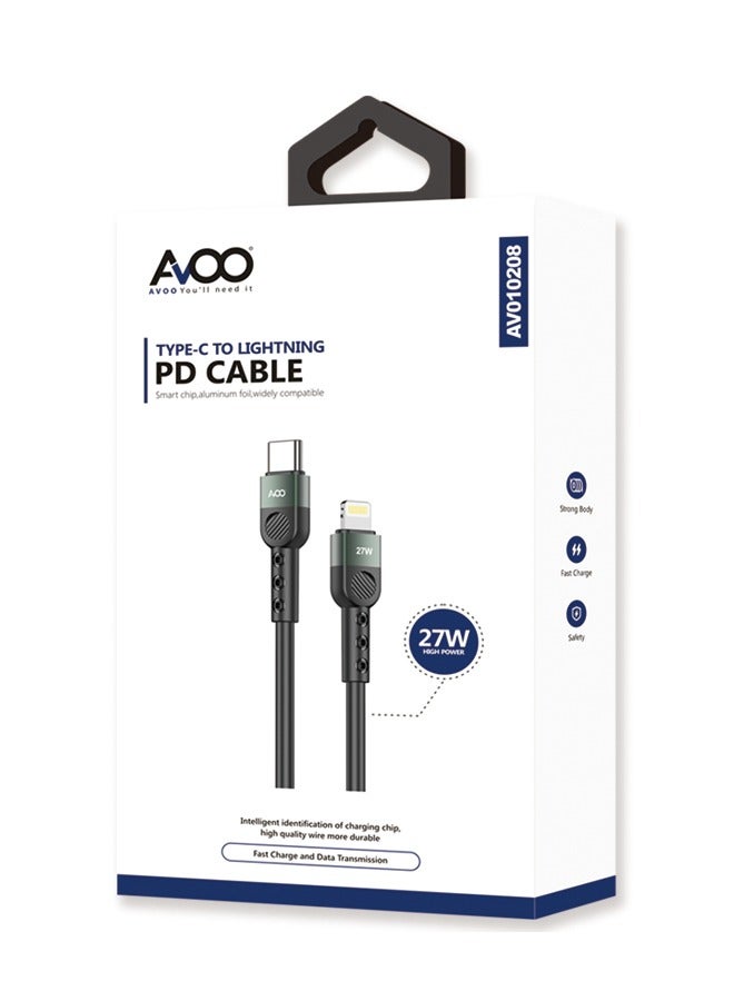 AVOO Cable from USB Type C to Lightning for fast charging with PD technology at 27 watts, 1 meter long, made of silicone, for iPhone 14/14 Plus, 13, 12, Pro, Max, Mini, SE, iPads, and more, black. - Image 1