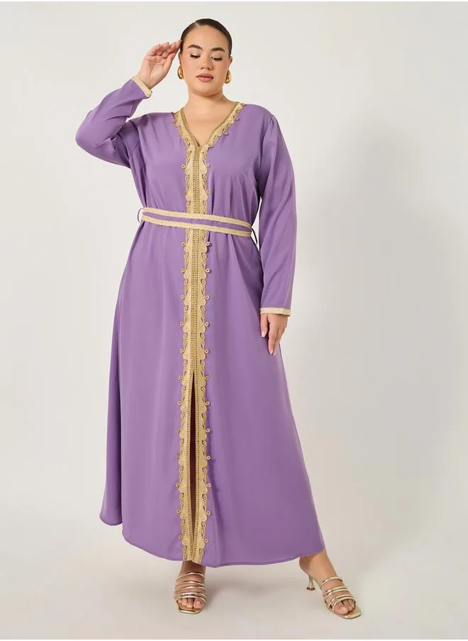 Styli Plus Size Regular Fit V Neck Kaftan with Lace Detail