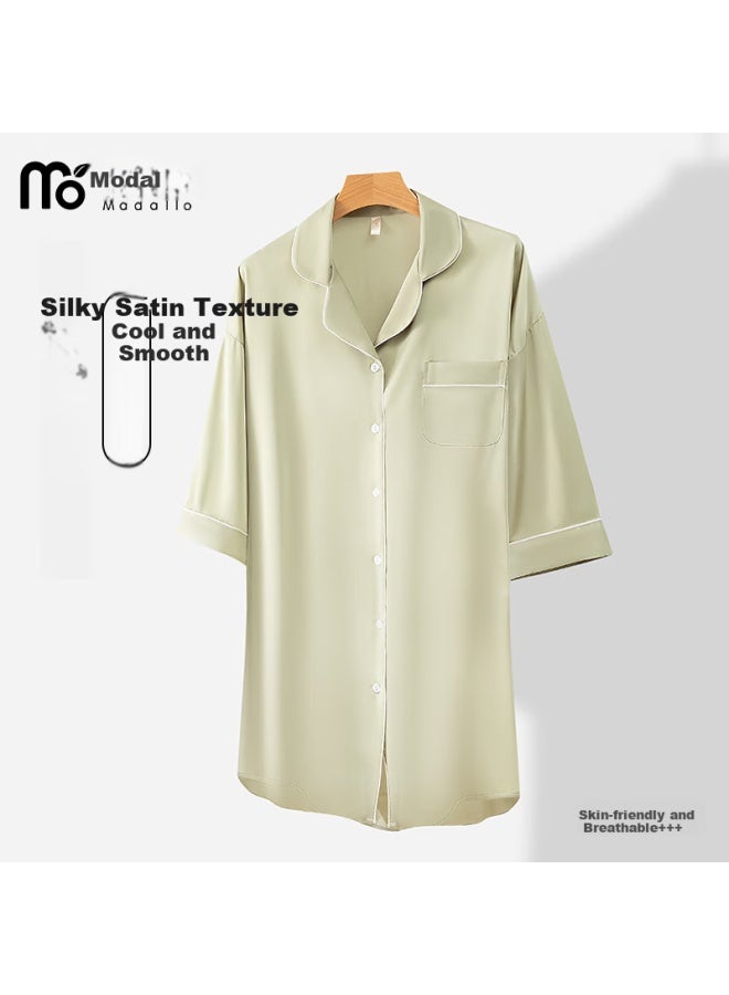 Madallo Modaier Ice Silk High-end Short-sleeve Nightgown For Women, Summer Thin Cardigan Sleepwear, Ladies Loungewear Suitable For Outdoor Wear, Gree - Image 1